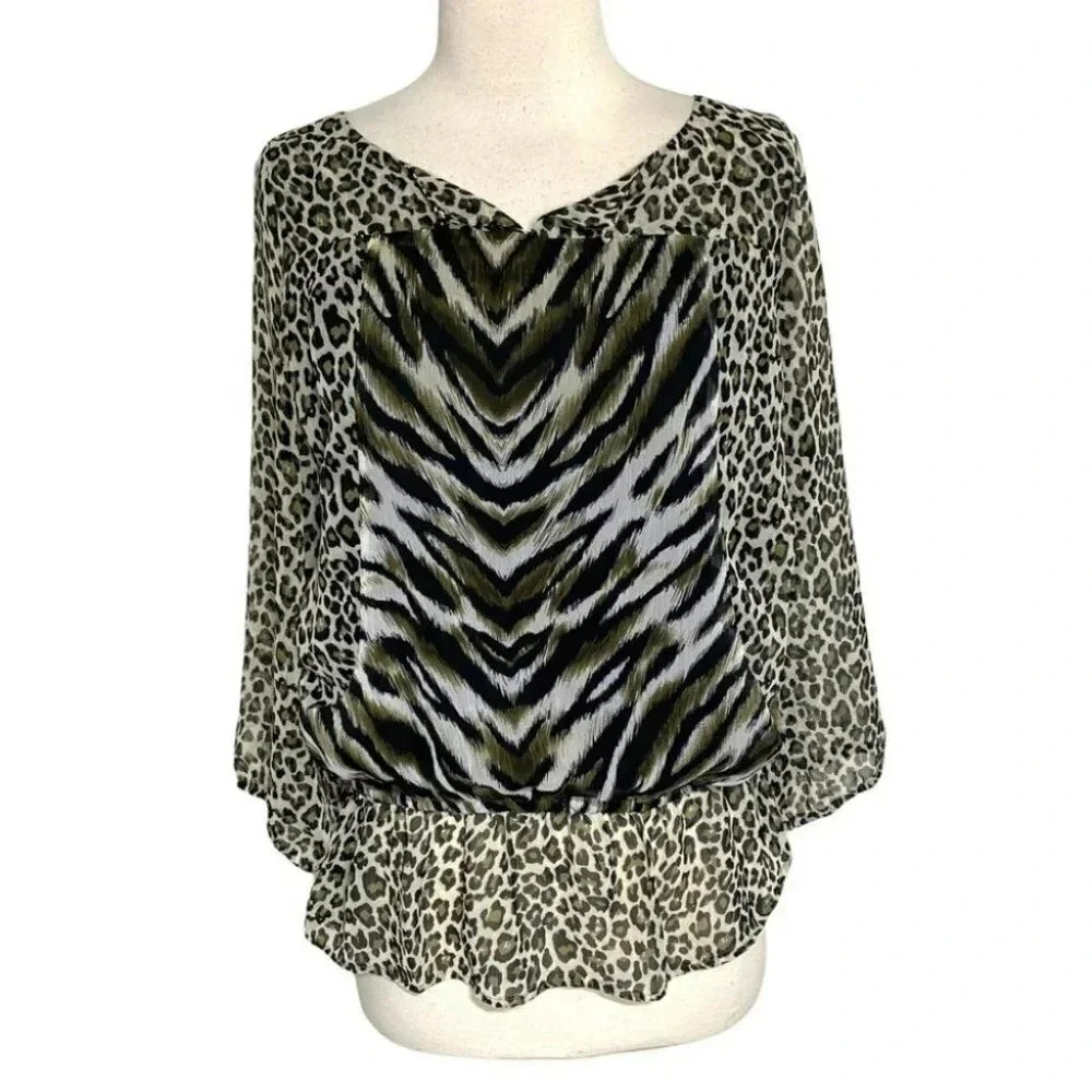 Vintage Y2K Jonathan Martin Womens Size L Leopard Zebra Print Chiffon Blouse Top